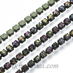 Grandinėlė su Dark rainbow kristalais, metalas juodos spalvos, akutės 2mm