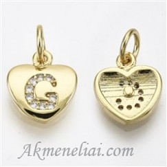 Pakabukas - G, paauksuota 16K auksu širdelė su cirkoniais, 10x9x2mm